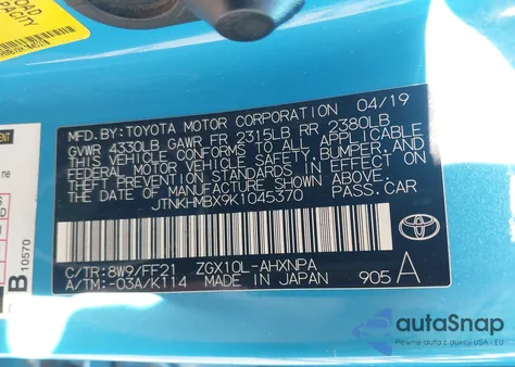 2019 Toyota C-Hr Xle из США, поврежденный, VIN JTNKHMBX9K1045370